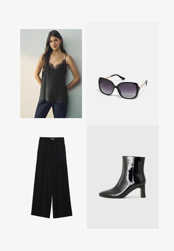 Fekete selyem felső csipkés V-kivágással és vékony pántokkal, sötétkék farmernadrággal viselve, semleges háttér előtt.; Fekete, bő szárú nadrág, texturált anyagból, rugalmas derékpánttal és levehető sállal a derekán, amely állítható illeszkedést biztosít.; Fekete lakk bőrcipő bokáig érő, hegyes orral és közepes magasságú tömbsarokkal. Simább textúrával és minimalista dizájnnal rendelkezik.; Fekete, oversize napszemüveg fokozatos árnyalatú lencsékkel, vastag kerettel és arany színű lánc díszítéssel a szárakon.; Fekete kézi táska strukturált formával, sima textúrával és fémből készült záródással. Széles fekete nadrággal és nyitott orrú szandállal párosítva, fából készült padlón.
