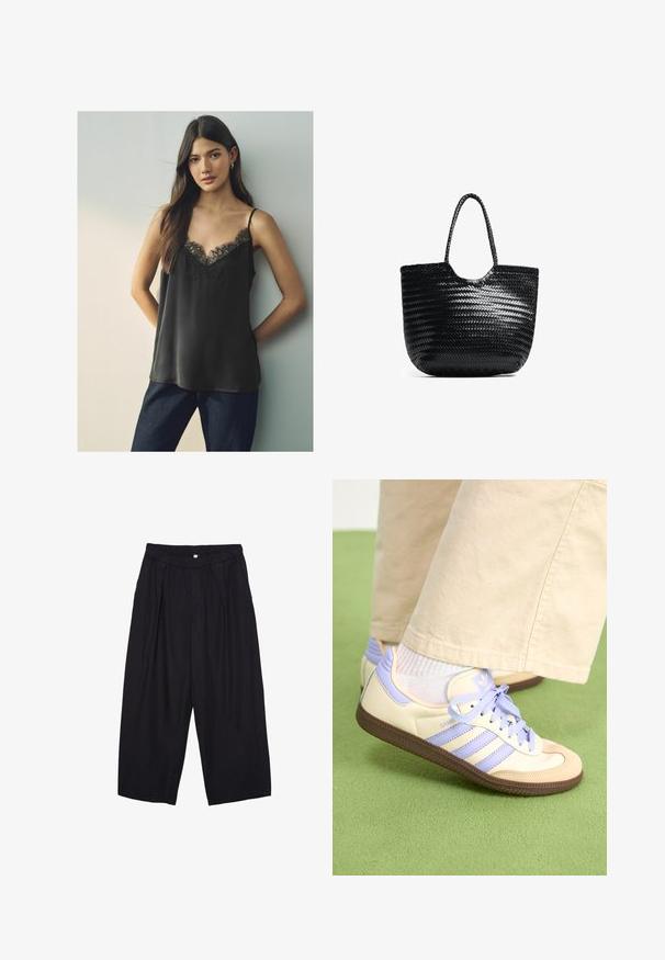 Mustat satiinikankaiset topit, joissa on pitsinen V-pääntie ja ohuet olkaimet, yhdessä tummansinisten farkkujen kanssa, neutraalia taustaa vasten.; Musta polyesterinen culotte-housut, jossa on joustava vyötärö, kaksi etupleettiä ja löysä siluetti. Ei näkyviä kuvioita tai metallisia yksityiskohtia.; Kermasilta ja laventelilta näyttävät lenkkarit kolmella raidalla ja teksturoidulla ruskealla pohjalla, varustettuna nauhoilla ja pehmustetulla kantapäällä. Pehmeä kangaspinta.; Mustaan kudottu kangaskassi, jossa on pyöreä yläosa, sivusaumat ja kaksi punottua kahvaa. Sisältää tekstuuripinnan ja tilavan sisäosan.