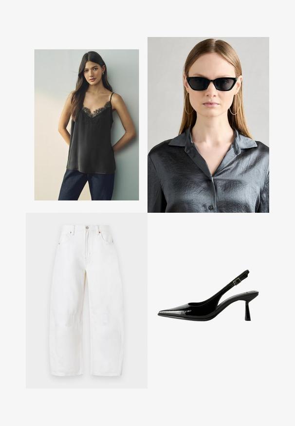 Svart satin camisole med en spets V-ringning och tunna axelband, bärs med mörkblå jeans, mot en neutral bakgrund.; Vita, vida jeans med hög midja och knäppning, fem fickor och subtila sömnadsdetaljer. Mjuk textur och avslappnad design. Inga synliga slitage.; Svart lackläder slingback pumps med spetsig tå, urklippta sidor, justerbart vristband och en tunn, elegant klack.; Svarta kattögon-solglasögon med en glansig finish, bärs med en texturerad grå skjorta med knappar och krage. Stora hoopsörhängen syns.; Silverfärgad hjärtformad clutchväska i spegelblanka plattor, med en gångjärnsstängning och en kedjesläp. Slät textur med reflekterande yta.