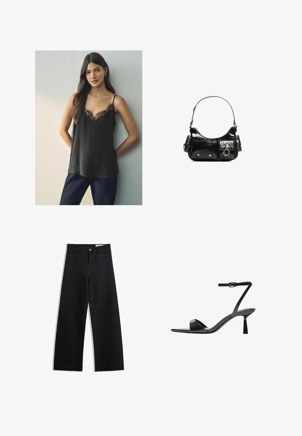Zwart satijnen cami met een kant V-halslijn en dunne bandjes, gedragen met donkerblauwe spijkerbroek, tegen een neutrale achtergrond.; Zwarte denim broek met wijde pijpen en een hoge taille, voorzien van voor- en achterzakken, gestikte naden en een knoopsluiting. Gladde textuur.; Bershka Sandalen met hoge hak - black; Zwarte laarzen in lakleer met een gebogen vorm, één schouderband, voorvakken en accenten in zilverkleurig metaal.
