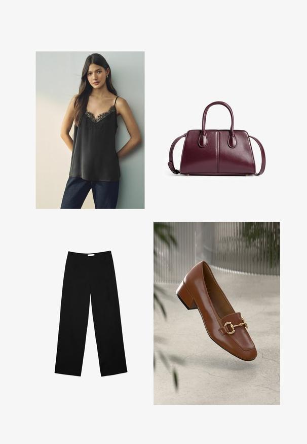Mustmust satiinist kampsun, millel on pitsist V-kaelus ja õhukesed rihmad, kantud tumedate siniste teksadega, neutraalse tausta ees.; Mustad jala püksid mustast kangast, millel on sile tekstuur, puhas disain ja diskreetne külgprusik sulgemiseks.; Pruunist lakknahast loafer, millel on ruudukujuline varvas, metallist ahel kaunistus ja madal plokkkonts; sile tekstuur, minimalistlik disain.; Burgundia nahkakott, mis on valmistatud siledast nahast, millel on kaks ümarat käepidet, õlavöö ja minimalistlikud õmbluse detailid.