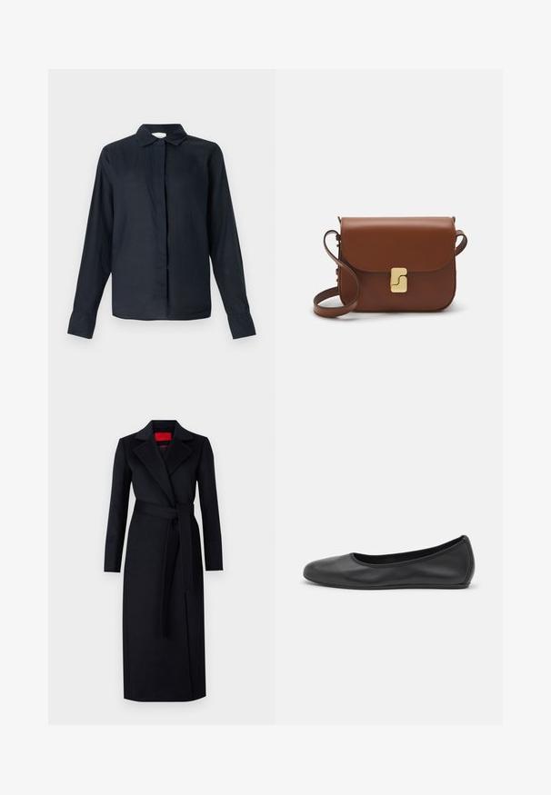 Tamsiai mėlyna, ilgomis rankovėmis marškinėliai su apykakle, tiesaus kirpimo, lengvos medžiagos ir šiek tiek permatomu tekstūra. Nėra matomų raštų ar akcentų.; Balta trumpa rankovėmis marškinėliai, pagaminti iš pasiruošusio audinio. Apvali iškirptė, reguliari tinkamumas ir subtilūs siuvimo detalės. Be raštų ar grafikos.; Juodas paltas su ilgomis rankovėmis, suvynioto dizaino ir atitinkamu diržu. Pagamintas iš sklandaus audinio, turi įpjautą apykaklę ir šonines kišenes.; Juodai odiniai baletai su apvaliu pirštu, lygi texture, minimalus siuvimo detales ir lanksčiu padų dizainu.; Ruda odinė rankinė su uždaromu dangteliu, aukso spalvos detalėmis, petneša ir lygiu paviršiumi. Kompaktiška stačiakampio formos.