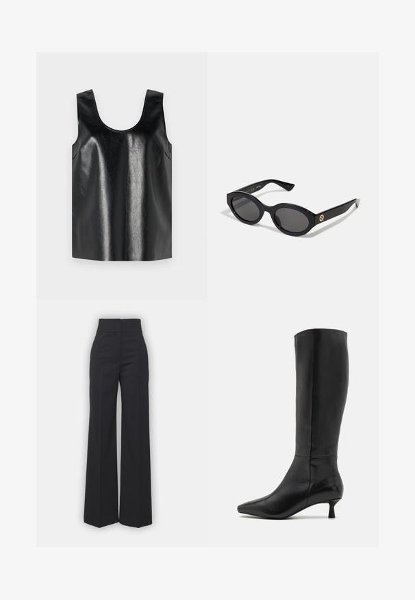 Zwarte mouwloze top van glanzend, gestructureerd materiaal met een ronde halslijn en zijzakken, met een minimalistisch ontwerp.; Wijdvallende broek in zwarte stof met een hoge tailleband, met een schone afwerking en een gladde textuur. Geen zichtbare hardware of patronen.; Zign Laarzen - black; Zwarte ovale zonnebril met donkere glazen en een glanzend kunststof frame. Heeft een gouden logo op de poot, dat een strakke en moderne uitstraling biedt.; Zwarte leren schoudertas met een gladde textuur, voorzien van een dunne, lange schouderband en een subtiele stiknaad in het midden.