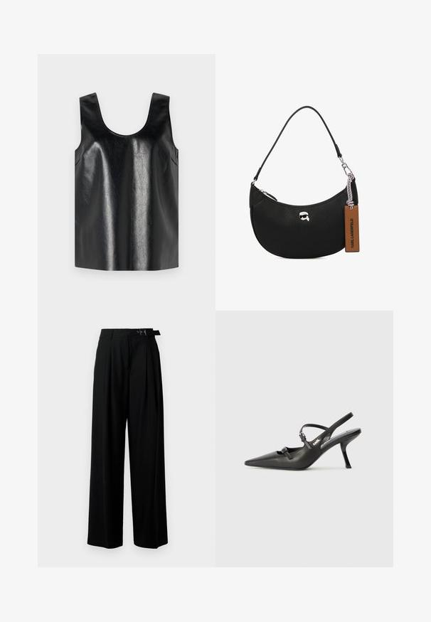 Svart ermeløs topp laget av skinnende, teksturert materiale med rund hals og side lommer, med et minimalistisk design.; Svarte vide bukser med høy livlinje, folder foran og belte med spenne. Laget av glatt, lett materiale.; Sorte skinn slingback-hæler med spiss tå, slank hæl og dekorativ spenne detalj på vampsiden. Glatt tekstur og stilrent design.; Svart skinnveske med pebble-tekstur, buet form, glidelås på toppen, sølvfarget hardware og en brun etikett. Inkluderer logo-akkenter.