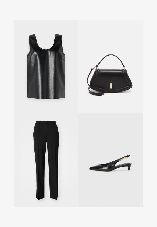 Schwarzes ärmelloses Oberteil aus glänzendem, strukturiertem Material mit rundem Halsausschnitt und seitlichen Taschen, das ein minimalistisches Design aufweist.; Schwarze, taillierte Hose mit geradem Bein, aus einem glatten Stoff und mit klaren Falten an der Vorderseite. Keine sichtbare Hardware.; Schwarze Leder-Slingback-Pumps mit spitzem Schuhblatt, ausgestattet mit einem schlanken Absatz und einem goldfarbigen Akzent am verstellbaren Riemen. Glatte Textur.; Schwarze Lederhandtasche mit einem strukturierten Design, das eine verkürzte Form, einen oberen Griff und goldfarbene Hardware-Details aufweist. Verstellbarer Schulterriemen ist enthalten.