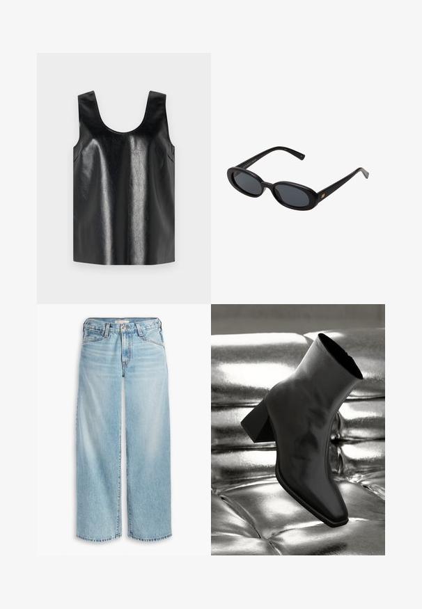 Musta ilma varrukatop, mis on valmistatud läikivast, tekstureeritud materjalist, ümarate krae ja küljetaskutega, omab minimalistlikku disaini.; Heledad sinised laia säärega teksad, mis on valmistatud denimist, kõrge vöökoht, nööpidega kinnitamine ja kulunud serv. Nähtavad õmblused ja taskud.; Must musta narmand, läikiva materjali ja ruudukujulise varbaga ning kitseneva kontsaga, paigutatud läikiva hõbedaselt tuftitud tausta ette.; Mustad mustad prillid ovaalsete läätsedega, sujuvast plastmassraamist ja kuldsete aktsentidega tempel. Tumedaid läätsi, mis pakuvad päikese kaitset.
