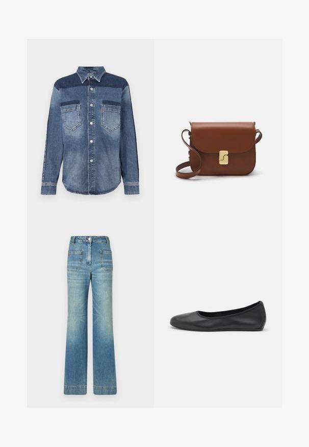 Τζιν πουκάμισο με κολάρο που κουμπώνει, διαθέτοντας συνδυασμό φωτεινών και σκούρων μπλε πάνελ, δύο τσέπες στο στήθος και ασημένια κουμπιά πιέτα.; Άσπρο κοντομάνικο μπλουζάκι φτιαγμένο από ριγέ ύφασμα. Στρογγυλή λαιμόκοψη, κανονική εφαρμογή και διακριτές λεπτομέρειες ραφής. Χωρίς σχέδια ή γραφικά.; Ανοιχτό μπλε τζιν παντελόνι σε καμπάνα με πέντε τσέπες, θηλιές για ζώνη, κούμπωμα με κουμπί και ελαφρώς ξεθωριασμένη υφή, με λεπτομέρεια κόκκινου λογότυπου στην πίσω πλευρά.; Μαύρο δερμάτινο μπαλαρίνι με στρογγυλή μύτη, λεία υφή, ελάχιστες λεπτομέρειες ραφής και σχεδίαση ευέλικτης σόλας.; Καφέ δερμάτινη τσάντα χειρός με κλείσιμο καπάκι, χρυσές λεπτομέρειες, ιμάντα ώμου και λεία υφή. Συμπαγές ορθογώνιο σχήμα.