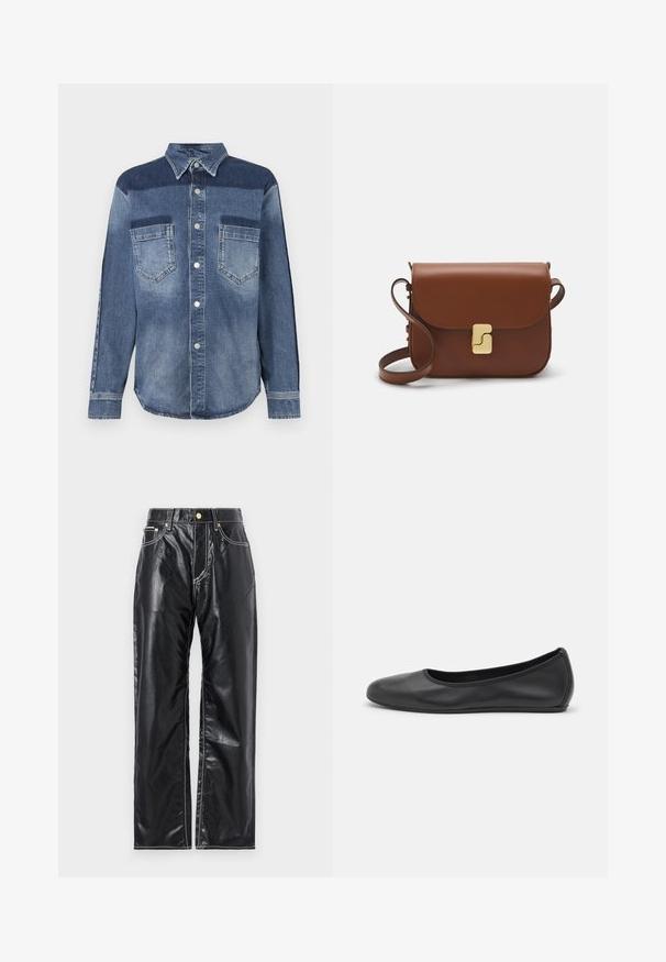 Denim shirt with a button-down collar, featuring a mix of light and dark blue panels, two chest pockets, and silver snap buttons.; White short-sleeve t-shirt made of ribbed fabric. Round neckline, regular fit, and subtle stitching details. No patterns or graphics.; Black faux leather pants with a wide-leg cut, featuring white stitching, front pockets, and a gold button at the waistband.; Black leather ballet flat with a rounded toe, smooth texture, minimal stitching detail, and a flexible sole design.; Brown leather handbag with a flap closure, gold-tone hardware, a shoulder strap, and a smooth texture. Compact rectangular shape.