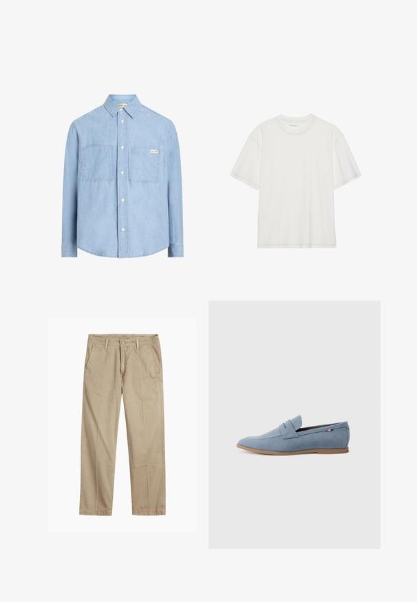 Gaiši zils pogu krekls no džinsu auduma, ar norādītu apkakli, divām krūšu kabatām un mazu zīmolu etiķeti kreisajā kabatā.; Balts kokvilnas T-krekls ar īsām piedurknēm, noapaļota kakla izgriezums un kontrastējošs šuvums ap kakla izgriezumu un piedurknēm.; Beigās taisnās kājas chinos bikses ar jostas cilpām, priekšējo pogu un rāvējslēdzēja aizdari, kā arī slīpām priekšējām kabatām.; Gaiši zilas zamšādas mokasīni ar gludu faktūru, dekoratīvo izšuvumu un brūnu gumijas zoli. Augšdaļā ir penny slot dizains.