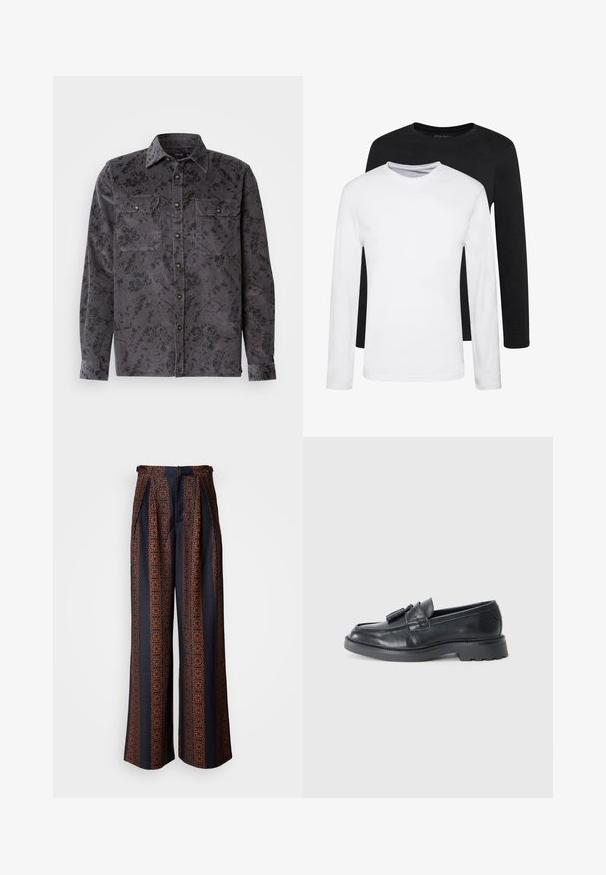 Grå corduroy skjorte med sort blomstermønster, to brystlommer, spids krave og metalliske knapper. Struktureret stof med lodrette ribber.; To lange ærmede skjorter, en sort og en hvid, lavet af bomuld med rund hals og en glat tekstur, vist i en stakket opstilling.; Bredde ben bukser i mørkeblå stof med et indviklet orange geometrisk mønster, med plisseret front og en tætsiddende talje.; Sorte læder loafers med rund tå, en rem med kvaster og en kraftig sål med mønster. Glat tekstur og klassisk design.