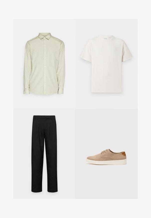 Cămașă verde deschis, cu mânecă lungă, realizată dintr-un material neted. Prezintă un guler cu nasturi, nasturi pe partea frontală și un tiv rotunjit. Design simplu, fără modele.; Tricou alb cu maneci scurte, dintr-un material ribbed. Guler rotund, croi lejer, fără modele sau accente vizibile. Design simplu și versatil.; Pantaloni negri dintr-un material neted, cu un design drept, două pliuri frontale și un tiv standard cu bucle pentru curea.; Tenisi din suede bej cu vârf rotund, sistem de șireturi în față și un accent texturat în spate. Talpa albă din cauciuc oferă un contrast. Design simplu și modern.