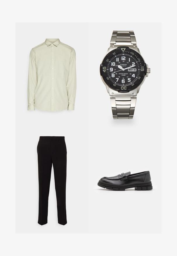 Vaaleanvihreä pitkähiha shirtti, joka on valmistettu sileästä kankaasta. Siinä on napillinen kaulus, etunapit ja pyöristetyt helmat. Yksinkertainen muotoilu, ei kuvioita.; Mustat housut suoraan istuvuudella, joissa on sileä pinnan rakenne eikä näkyviä kuvioita tai metalliosia. Klassinen muotoilu, jossa on selkeä siluetti.; Mustat nahkaa olevat loaferit, joissa on sileä pinta, varustettuna edessä olevalla hihnalla ja paksulla kumipohjalla, jossa on uritettua muotoilua.; Metallinen kvartsikello mustalla kellotaululla, valkoisilla numeroilla ja päivämääränäytöllä. Varustettu ruostumattomasta teräksestä valmistetulla rannekkeella ja vedenkestävyydellä 100 metriin.