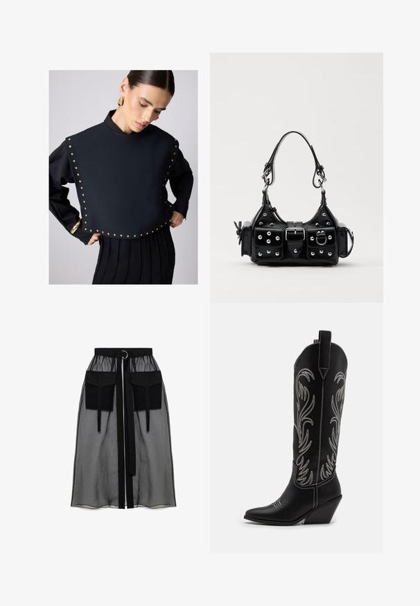 Černý krátký top s vysokým límcem, zdobený zlatými hroty podél lemování. Dlouhé rukávy s volánovou černou sukní pod ním.; Černá průhledná sukně s nařaseným pasem, která má dvě velké přední kapsy, páskový uzávěr a kulatý kovový akcent.; Černé kožené kovbojské boty s špičatými špičkami, podpatky ve tvaru klínu a stříbrně vyšívanými květinovými vzory po celé délce. Kontrastní prošívání po celém obvodu.; Černá kožená kabelka s křivkovým designem, zdobená stříbrnými hřebíky, s přezkou a dvěma bočními kapsami. Nastavitelný popruh pro různé možnosti nošení.