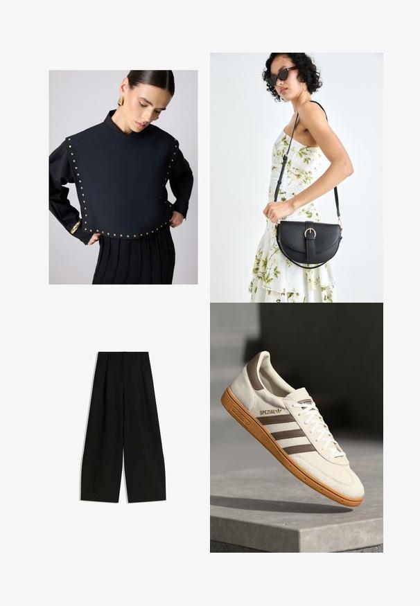 Črn skrajšan top z visokim ovratnikom, okrašen z zlatimi žebljički ob robu. Dolgi rokavi z nabranim črnim krilom spodaj.; Črne široke hlače iz gladkega materiala, z visokim pasom, gubami spredaj in brez vidnih okraskov ali vzorcev.; Beli semišni športni čevelj z rjavimi usnjenimi detajli, tremi rjavimi črtami in belimi vezalkami. Ima teksturiran gumijast podplat in zlato oznako "SPEZIAL".; Črna usnjena torbica s ukrivljeno obliko, z odstranljivo naramnico in zlatimi dodatki. Torbica ima pokrov s podrobnostmi v obliki zaponke.