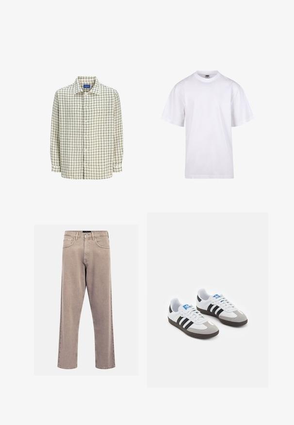 Lange mouw overhemd in crème met een zwart roosterpatroon. Gemaakt van lichte stof, met een kraag en lange mouwen.; Witte katoenen t-shirt met een ronde hals, korte mouwen en een relaxte pasvorm. Heeft een eenvoudig ontwerp zonder patronen of accenten.; Beige straight-leg jeans van denim, met een klassiek vijf-pocket ontwerp, gestikte accenten en een nette zoomafwerking.; Sportschoenen met een witte leren bovenkant, grijze suède neus en drie zwarte strepen. Bevat een blauw logo op de tong en een gestructureerde rubberen zool.