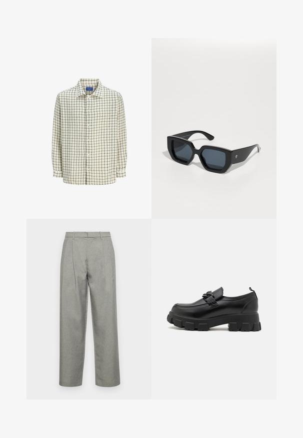 Button-up-Hemd in Creme mit einem schwarzen Karomuster. Hergestellt aus leichtem Stoff, mit einem Kragen und langen Ärmeln.; Graue maßgeschneiderte Hose aus strukturiertem Stoff mit geradem Bein, Bundfalten und einem Standardbund mit Gürtelschlaufen.; Schwarzer Lederschuh mit einer klobigen, strukturierten Sohle und einem dekorativen Riemen über dem Obermaterial. Verfügt über einen leichten Absatz und eine Zuglasche hinten.; Schwarze, übergroße Sonnenbrillen mit geometrischem Design, rechteckigen Gläsern und glänzender Oberfläche. Keine sichtbaren Markenkennzeichnungen auf der Vorderseite.; Goldfarbene Metalluhr mit schwarzem Ziffernblatt, leuchtenden Markierungen und drei Unterzifferblättern. Sie verfügt über ein strukturiertes Armband und das "HILFIGER"-Logo in der Mitte.; Goldene Kreuzohrringe mit glatter Oberfläche und hängender Schlaufe, die ein einfaches, längliches Design aufweisen. Jedes Kreuz hat eine einheitliche Größe.