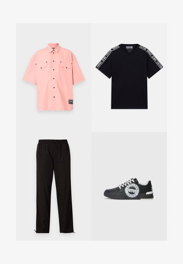 Rövid ujjú, gombos ing világos rózsaszín pamutból, két mellzsebbel, fekete gombokkal és márkázott folttal az alsó jobb oldalon.; Fekete rövid ujjú póló, amelyen fehér "Versace Jeans Couture" feliratú szalagok futnak a vállakon és a felső ujjakon.; Fekete, könnyű nadrág, elasztikus derékkal, húzózsinórral és cipzáros szegélyekkel, amelyek lehetővé teszik az állítható illeszkedést. Simaság és elegáns textúra.; Fekete bőr edzőcipő fehér kiemelésekkel, kerek logó részletezéssel, perforált orral és kontrasztos talppal. Jellemzője a fehér fűző és a márkajelzés.