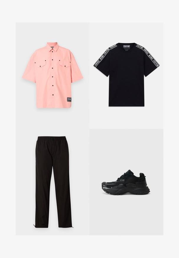 Īsām piedurknēm, ar pogām aizdaram krekls gaiši rozā kokvilnā ar divām krūšu kabatām, melnām pogām un zīmola uzšuvumu apakšējā labajā stūrī.; Melnas īsām piedurknēm T-krekls ar baltām "Versace Jeans Couture" teksta joslām, kas iet gar pleciem un augšējām piedurknēm.; Melni viegli bikses ar elastīgu jostu, aukliņu aizdari un rāvējslēdzēju apakšmalā regulējamai fitē. Gluda, eleganta tekstūra.; Melni sporta apavi ar sietu un zamšādas materiāliem, teksturētu zoli, noapaļotu purngalu un Versace logo detaļu sānos.