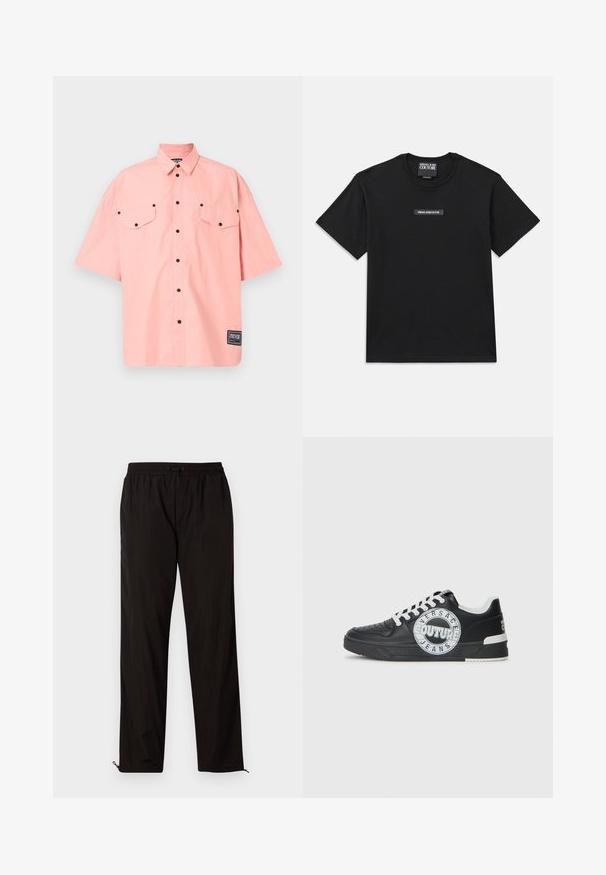 Koszula z krótkim rękawem, zapinana na guziki, w jasnoróżowym kolorze, wykonana z bawełny, z dwiema kieszeniami na piersi, czarnymi guzikami oraz metką markową na dolnej prawej stronie.; Czarna koszulka z krótkim rękawem wykonana z bawełny. Posiada prostokątną metkę z logo na piersi z napisem "VERSACE JEANS COUTURE" w białym kolorze.; Czarne, lekkie spodnie z elastycznym paskiem w talii, z zapięciem na sznurek i zamkami błyskawicznymi przy nogawkach dla regulowanego dopasowania. Gładka, stylowa tekstura.; Czarne skórzane sneakersy z białymi akcentami, okrągłe detale z logo, perforowany czubek oraz kontrastowa podeszwa. Posiadają białe sznurówki i branding.