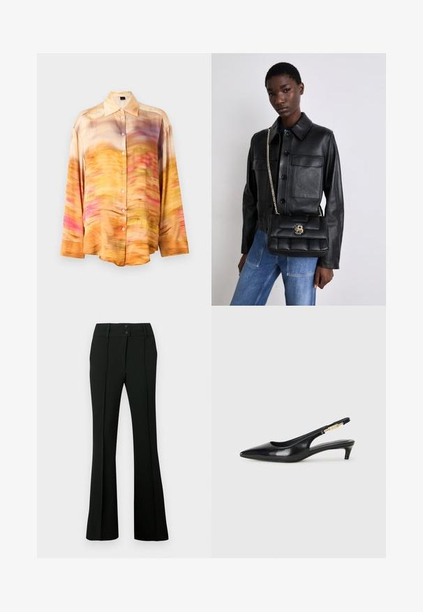 Zīda krekls ar pogu, kuru rotā abstrakts raksts oranžās, rozā un purpursarkanās krāsās, ar izplatītu apkakli un garām piedurknēm.; Melnas skāriena bikses ar gludu audumu, augstu vidukļa jostu ar divām pogām un priekšējām krokām, kas nodrošina piegrieztu izskatu.; Melnas ādas slingback zābaki ar smailu purngalu, ar šauru papēdi un zelta krāsas akcentu uz regulējama siksniņas. Gluda tekstūra.; Melnas ādas jaka ar pogu aizdari un divām priekšējām kabatām, kopā ar melnu pufīgu rokassomu ar zelta sprādzi un ķēdes siksnu.