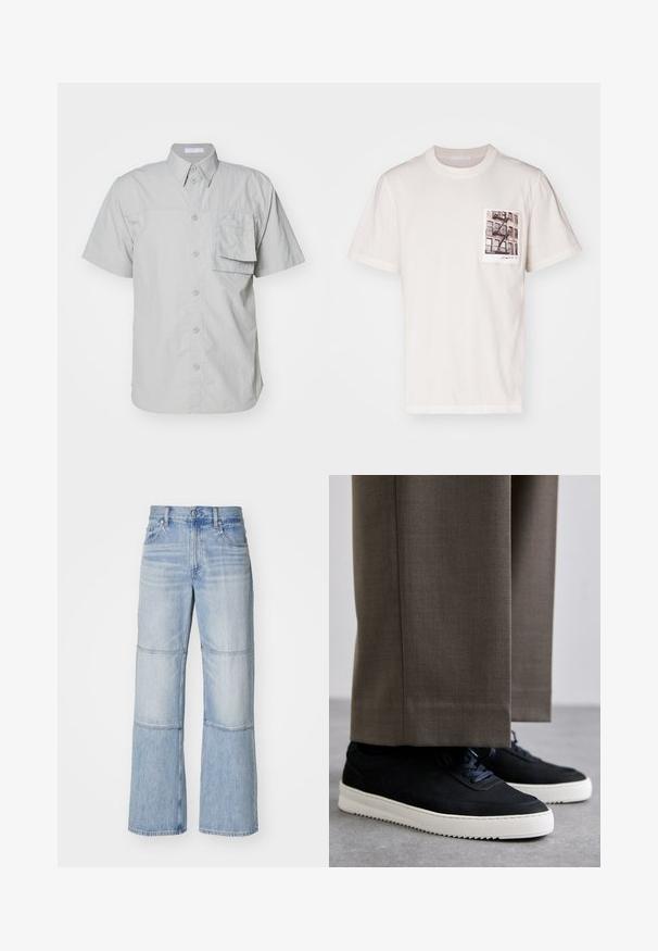 Krátký rukáv, světle šedá košile na knoflíky s kapsou; vyrobena z texturované tkaniny; má klasický límec a standardní knoflíky.; Krémové bavlněné tričko s kulatým výstřihem, krátkými rukávy a náprsní kapsou s potiskem městské fotografie. Měkká textura, volný střih.; Světle modré džíny s širokými nohavicemi, se kontrastními panely a viditelným šitím. Vysoký pas se zapínáním na knoflík.; Černé semišové tenisky s bílými gumovými podrážkami, s kulatou špičkou a tkaničkami, obuté s šedými úzkými kalhotami.