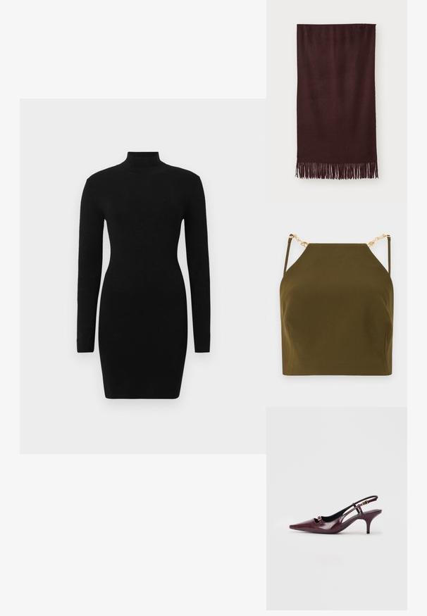 Olivno zelena majica bez rukava s kvadratnim izrezom, s zlatnim lancem na podesivim naramenicama i glatkim, teksturiranim materijalom.; Črna obleka z dolgimi rokavi z oprijetim krojem in visokim izrezom, izdelana iz teksturirane tkanine, ki nudi gladek, eleganten videz.; Burgundske slingback pete z ostrim nosom, sijajna usnjena površina, majhna odprtina spredaj in ozka stiletto peta z zlatimi poudarki.; Bordo šal iz mehkega blaga, z gladko teksturo in dolgimi resicami na robu za dodatno podrobnost. Pravokotna oblika, lepo se prilega.; Pepe Jeans GRACEY - Torbica - burgundy red