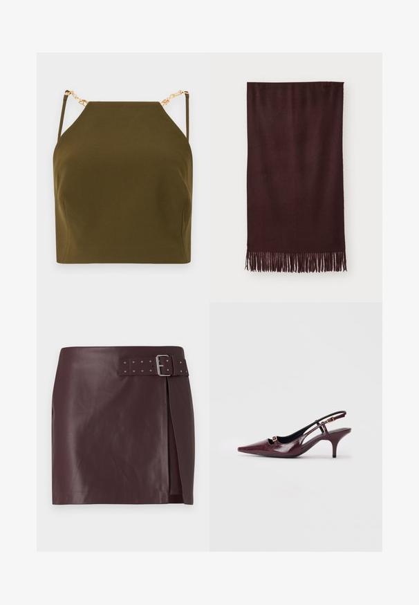 Olivgrön ärmlös topp med fyrkantig halsringning, prydd med guldkedjeaccent på justerbara axelremmar och en slät, texturerad tyg.; Burgundy konstläderkjol med bältesliv och metallspänne, med en sidslits och en jämn, polerad yta.; Burgundy slingbackklackar med spetsig tå, glänsande läderfinish, liten utskärning fram och en smal stilettklack med guldakcenter.; Mörkröd scarf i mjukt tyg, med en slät yta och långa fransar vid nederkanten för extra detalj. Rektangulär form, hänger platt.; Pepe Jeans GRACEY - Handväska - burgundy red