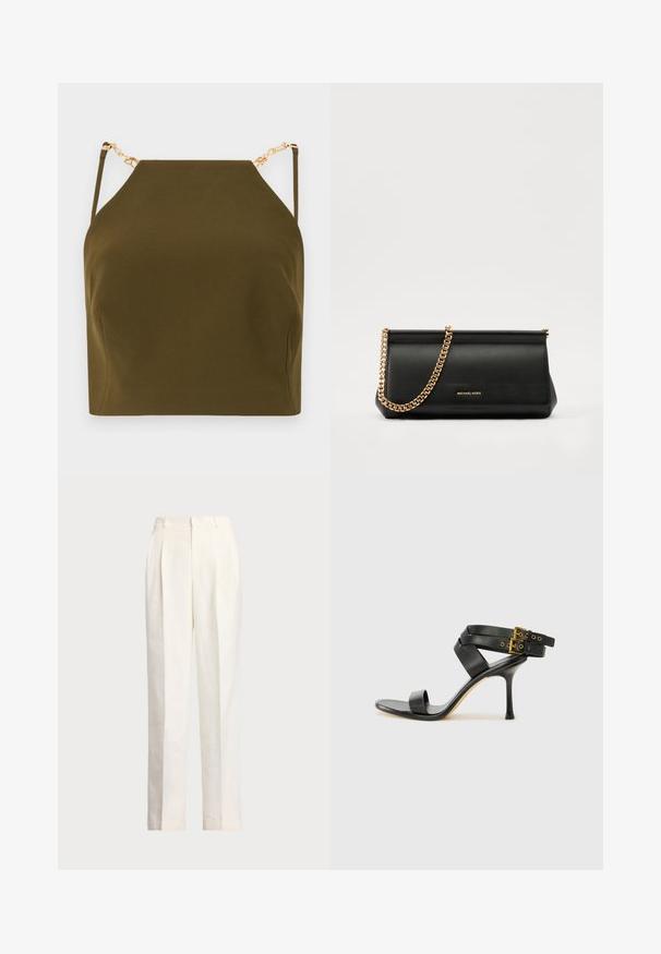 Λαδί πράσινη αμάνικη μπλούζα με τετράγωνη λαιμόκοψη, που διαθέτει χρυσές αλυσίδες σε ρυθμιζόμενους ιμάντες και λεία, υφασμάτινη υφή.; Polo Ralph Lauren HEMP WIDE LEG PANT - Παντελόνι - nevis; Μαύρο τακούνι σανδάλι με διασταυρούμενες τιράντες και ρυθμιζόμενο κούμπωμα. Διαθέτει λεία υφή και κοφτό τακούνι.; Μαύρη δερμάτινη τσάντα πορτοφολιού με χρυσή αλυσίδα, που διαθέτει λεία υφή, ορθογώνιο σχήμα και ανάγλυφο λογότυπο στο μπροστινό μέρος.