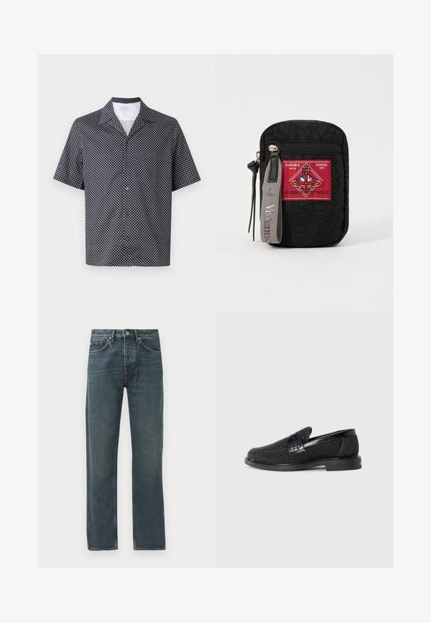 Sötétkék anyagú, rövid ujjú ing, fehér körmintázattal, árkádos gallérral és fekete gombokkal záródó elülső résszel.; Sötétkék farmernadrág egyenes lábbal, öt zsebbel, gombos záródással és kontrasztos varrási részletekkel.; Fekete szőtt slip-on cipő sima bőr díszítéssel a felsőrészen, kerek orral és alacsony profilos gumitalppal.; Fekete tasak textúrált anyagból, piros folttal a logóval, cipzáros záródással és szürke pánttal, amelyen a márka neve van puhatolózva.