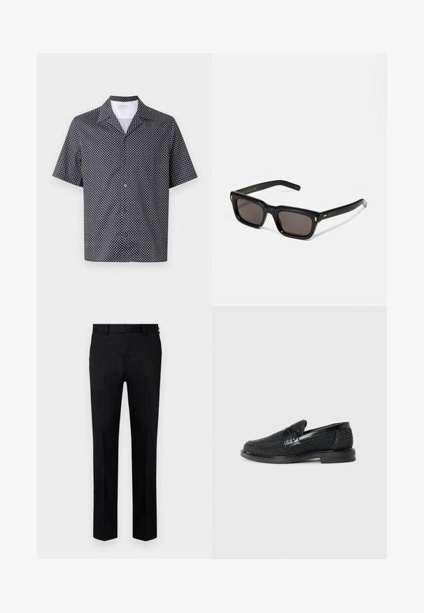 Džinsinio audinio trumpomis rankovėmis marškiniai, kuriuose yra baltas apvalus raštas, įpjautas apykaklė ir mygtukų užsegimas su juodais mygtukais.; Juodos kelnės, pagamintos iš lygios medžiagos, turinčios tiesaus kirpimo dizainą, priekines raukšles ir diržui skirtas kilpas juosmens srityje. Be matomų raštų ar akcentų.; Juodas pintas slip-on tipo batelis su lygiu odiniu akcentu viršuje, apvalios nosies dizainas ir žemas guminis padas.; Juodos stačiakampės akinių nuo saulės su tamsiais objektyvais, storu plastiko rėmu, auksinėmis detalėmis ant šventyklų ir prekės ženklo logotipu išgraviruotu ant šono.