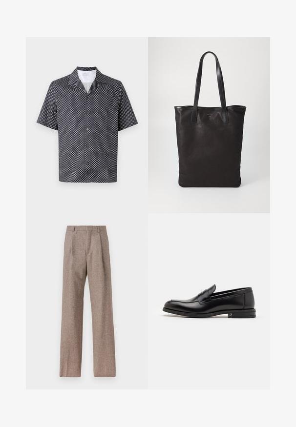 Muška košulja kratkih rukava od tamnoplave tkanine s bijelim kružnim uzorkom, ovratnikom sa zasjekom i prednjim zatvaranjem na dugmad crne boje.; Smeđe, hlače viskog struka od teksturiranog materijala. Imaju široke nogavice i dva prednja pregiba za strukturu. Uređen završetak bez vidljivih metalnih dijelova.; Crni kožni mokasini s glatkom teksturom, zaobljenim prstima i ukrasnom trakom preko prednjeg dijela. Niski slojeviti potplat, minimalistički dizajn.; Crna platnena torba s crnim kožnim ručkama. Jednostavan dizajn, prostrano tijelo i glatka tekstura. Bez vidljivih logotipa ili uzoraka.