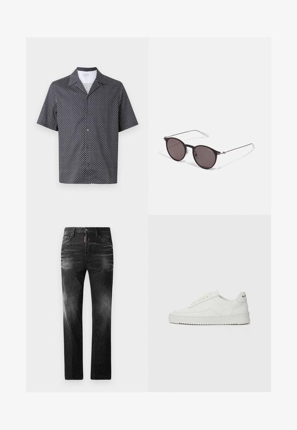 Camicia a maniche corte in tessuto blu navale con un motivo circolare bianco, colletto a punte e apertura frontale con bottoni neri.; Jeans in denim nero con vestibilità dritta. Presentano aree sbiadite, leggeri segni di usura, classico design a cinque tasche e chiusura con bottone.; Sneaker in pelle bianca con una finitura liscia, punta rotonda, lacci piatti e suola testurizzata. Presenta un logo discreto sul tallone.; Occhiali da sole neri rotondi con lenti scure e sottili bracci in metallo. Include punte trasparenti e accenti argentati alla cerniera. Design minimalista.