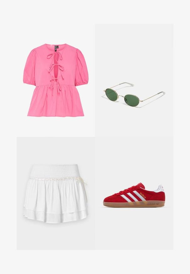 Top in cotone rosa con maniche a sbuffo, un taglio a chiave con lacci e un bordo peplum arricciato. Texture liscia e design casual.; Gonna bianca a strati con vita elastica, caratterizzata da un dettaglio in smocking testurizzato e un nastro decorativo. Tessuto di cotone.; Sneaker in suede rosso con design a tre strisce bianche e testo "Gazelle" in oro. Presenta una suola in gomma color cuoio e un tallone testurizzato.; Occhiali da sole con montatura dorata, lenti ovali verdi e aste in metallo sottili. Presentano estremità in plastica trasparente sulle aste per maggiore comfort.; Borsa a tracolla in paglia intrecciata con dettagli in pelle marrone, due manici e una tracolla removibile. Forma curva con una base solida.