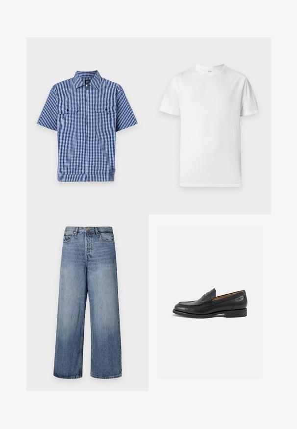 Κοντομάνικο πουκάμισο με μπλε και λευκό καρώ σχέδιο, διαθέτει μπροστινές κουμπότρυπες, δύο τσέπες στο στήθος και γιακά με άνοιγμα. Κατασκευασμένο από ελαφρύ ύφασμα.; Λευκό κοντομάνικο μπλουζάκι από μαλακό βαμβάκι. Διαθέτει στρογγυλή λαιμόκοψη και ίσιο στρίφωμα με ελάχιστες λεπτομέρειες.; Φαρδιά μπλε τζιν παντελόνια με ξεθωριασμένο φινίρισμα, πέντε τσέπες και κλείσιμο με κουμπί. Διαθέτουν θηλιές ζώνης και ραφές λεπτομερειών.; Μαύρα δερμάτινα loafers με λείο φινίρισμα, στρογγυλή μύτη και διακοσμητική ραφή στη μπροστινή πλευρά. Χαμηλός σωρός και ελαφριά γυαλάδα.