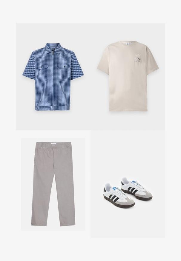 Kortermet skjorte med et blått og hvitt rutemønster, med knappestolpe foran, to brystlommer og spredt krage. Laget av lett stoff.; Beige bomulls t-skjorte med rund hals, korte ermer og en subtil grafisk logo på venstre bryst. Myk tekstur, enkelt design.; Lys grå bomullsbukser med elastisk midje, to sidelommer, rett ben-design og en jevn tekstur. Enkle sømdetaljer.; Sportssko med en hvit skinnoverdel, grå semsket tå og tre svarte striper. Har en blå logo på tungen og en teksturert gummisåle.