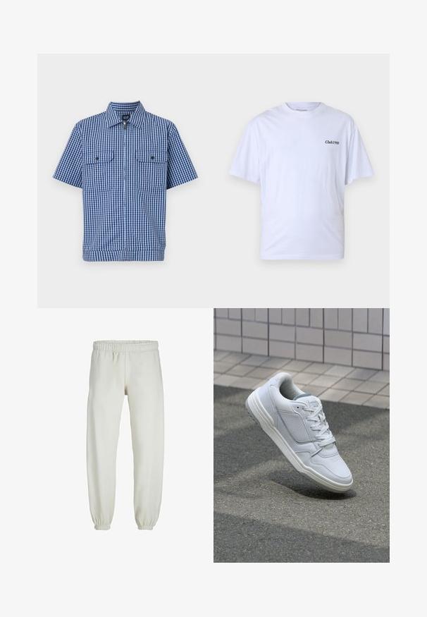 Kortærmet skjorte med et blåt og hvidt ternet mønster, der har knaplukning fortil, to brystlommer og en spredt krave. Lavet af letvægtsstof.; Hvid bomuld t-shirt med korte ærmer, rund halsudskæring og "Club1990" trykt i sort på venstre brystområde. Casual pasform.; Hvide sweatpants lavet af blødt stof, med elastisk talje og håndled, der har en glat tekstur og løs pasform.; Hvide lædersneakers med perforerede sider, teksturerede detaljer, flade snørebånd og en kontrasterende grå hæl. Har en let forhøjet sål.