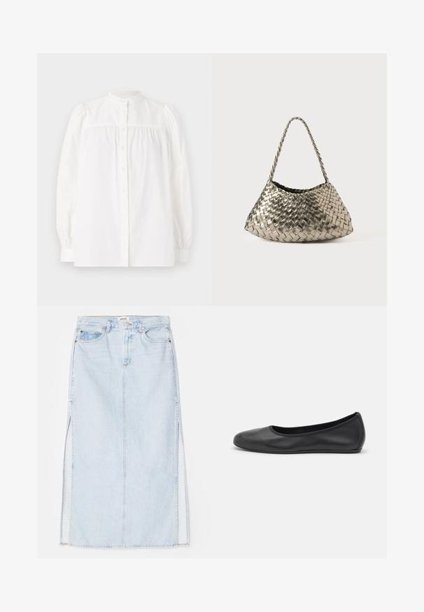 Weekend Max Mara RIBALDO - Hemdbluse - white; Hellblaue Jeans-Maxi-Rock mit geradem Schnitt, ausgestattet mit seitlichen Schlitzen und einem Fünf-Taschen-Design. Auffällige Nähte und Metallschnappverschluss.; Schwarze Leder-Ballettschuhe mit abgerundeter Spitze, glatter Textur, minimalen Nähdetails und einem flexiblen Sohlen-Design.; Metallisch gewebte Handtasche in dreieckiger Form, mit einem geflochtenen Träger und einem mit Samt ausgekleideten Innenraum. Farbe: Silber. Textur: glatt und stoffartig.