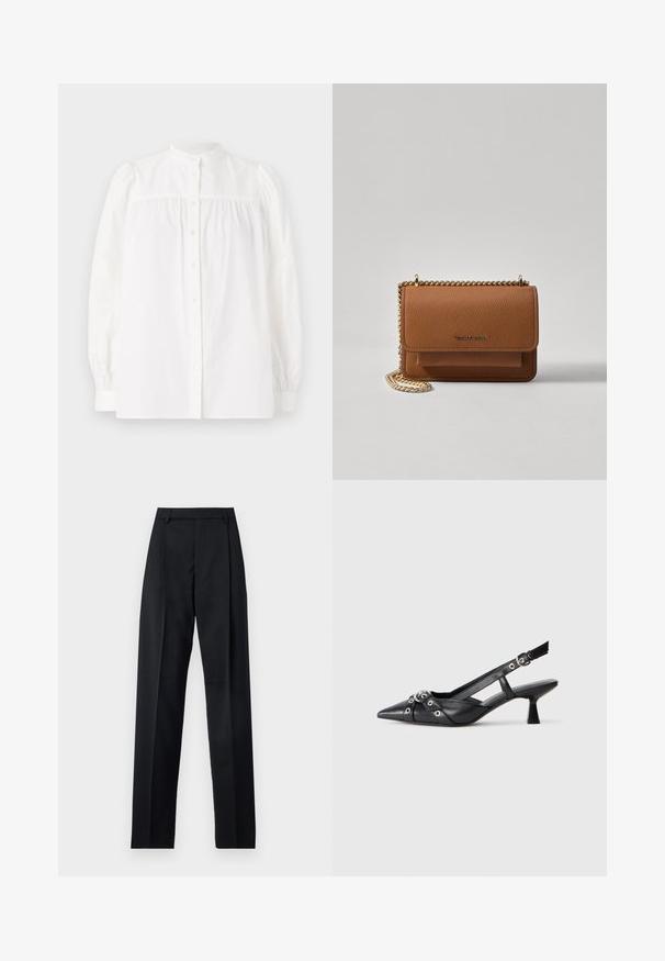 Weekend Max Mara RIBALDO - Bluza s gumbima - white; Crne hlače od glatkog materijala s visokim strukom, širokim nogavicama, prednjim pregibima i klasičnim petljama za remen. Nema vidljivih bočnih džepova.; Crne kožne cipele s remenom oko pete, s izduženim vrhom, dekorativnim trakama s metalnim rupama i niskom blok petom. Teksturirana površina.; Smeđa kožna torba preko tijela s teksturom, zlatnim lančićem i preklopom na zatvaranju. Na prednjoj strani nalazi se detalj s potpisom i džep ispod preklopa.