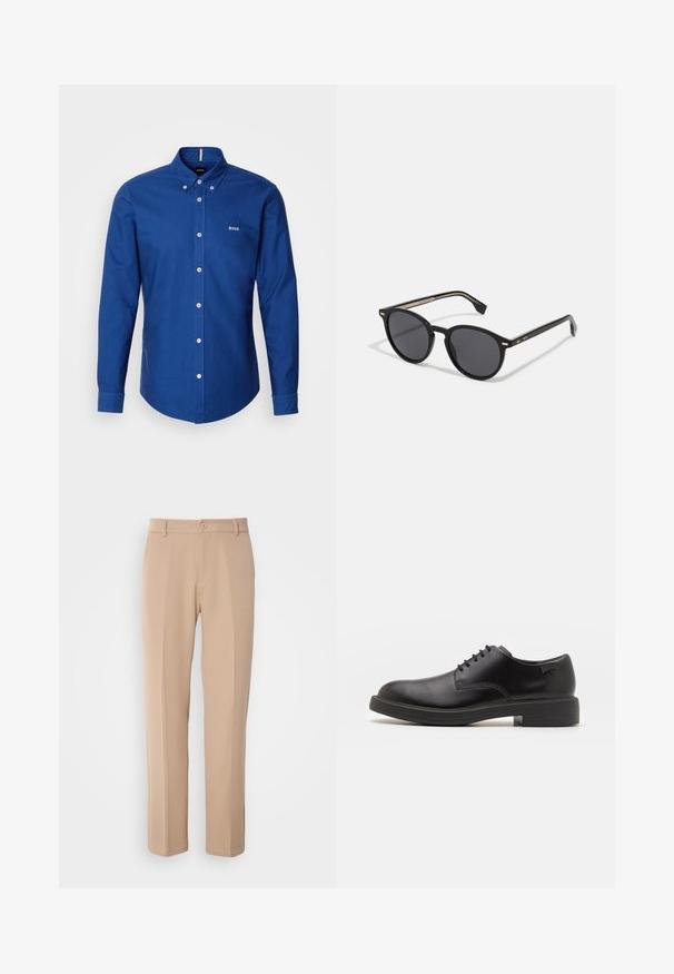 BOSS ROAN - Ing - open blue; Sima anyagból készült bézs nadrág, egyenes lábú fazonnal, elöl gombos záródással és finom hajtott részletekkel az elején.; Fekete bőrcipő, kerek orrú, sima felületű, minimális varrással és alacsony gumitalppal. Logó a sarokrészen.; BOSS Napszemüvegek - black