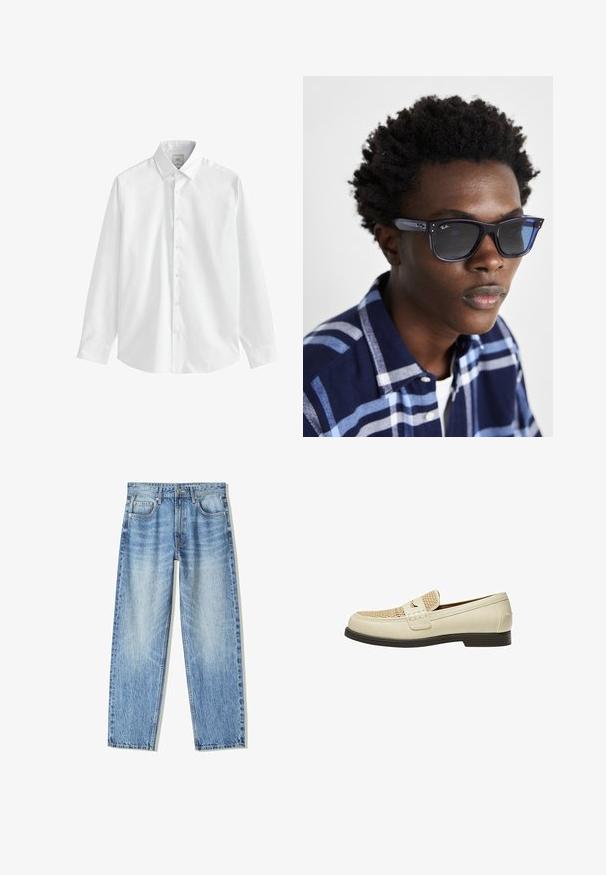 Camicia bianca a maniche lunghe in cotone morbido, con colletto alla francese, bottoni frontali e polsini standard. Senza motivi o accenti.; Jeans in denim azzurro chiaro con vestibilità ampia, design a gamba dritta, cinque tasche e texture sbiadita. Comprendono una chiusura anteriore con bottone e zip.; Mocassini in pelle beige con dettaglio intrecciato sulla punta e suola piatta marrone. Presentano una fascia decorativa sulla parte anteriore.; Occhiali da sole Ray-Ban blu con finitura lucida, forma quadrata e lenti scure; indossati con una camicia a quadri blu navy e azzurro.