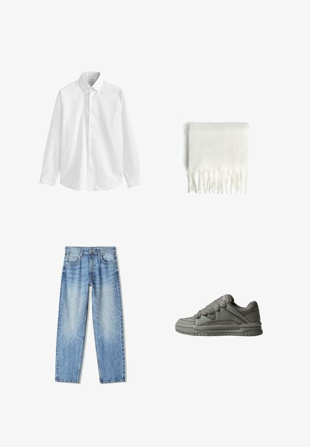 Weißes Langarmhemd aus glattem Baumwollstoff, mit einem Button-Down-Kragen, Frontknöpfen und normalen Manschetten. Keine Muster oder Akzente.; Helle blaue Denim-Jeans mit lockerem Schnitt, geradem Bein-Design, fünf Taschen und verblasster Textur. Enthält einen Frontknopf- und Reißverschluss.; Grau Sport-Schuh mit strukturiertem Leder- und Mesh-Obermaterial, dickem Gummisohle sowie auffälliger gepolsterter Zunge und Seiten. Schnürsenkel und seitliche Akzente inklusive.; Weiße Fleece-Schal mit fransigen Kanten, weicher Textur und rechteckiger Form. Eignet sich zum Schichten und bietet Wärme.