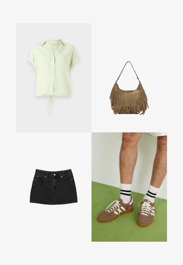 Jasnozielona bluzka w paski z krótkim rękawem, z zapinaniem na guziki z przodu i sznurkiem w dolnej części. Gładki materiał o luźnym kroju.; Czarna denimowa mini spódnica z guzikami z przodu, szlufkami na pasek i dwoma przednimi kieszeniami z mosiężnymi nitami, leżąca płasko na białym tle.; Brązowe zamszowe sneakersy z białymi akcentami i sznurówkami. Gumowa, brązowa podeszwa. Noszone z białymi skarpetkami w czarne paski. Zielona teksturowana podłoga.; Brązowa torebka z zamszu z długimi frędzlami, o zakrzywionym kształcie i pojedynczym paskiem na ramię. Posiada gładką, teksturowaną powierzchnię.