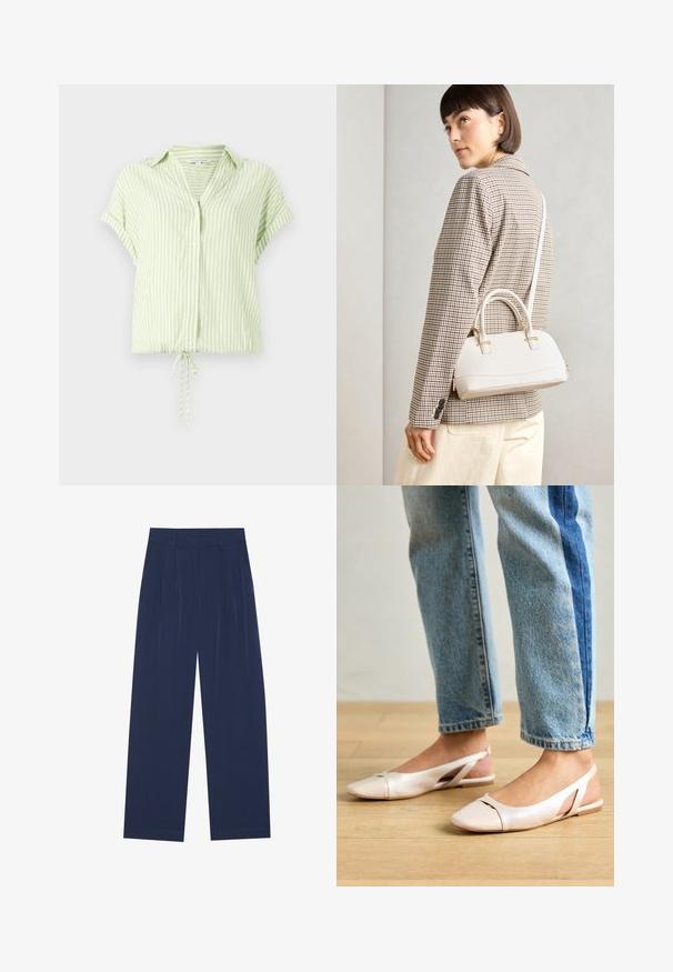 Világoszöld csíkozott, rövid ujjú blúz gombos elejével és húzózsinóros alsó résszel. Sima anyag, laza fazon.; Sötétkék, bő szárú nadrág puha anyagból, elől redőkkel, sima textúrával, egyenes szabással, látható zsebek nélkül.; Világos rózsaszín slingback laposlábú cipők, hegyes orral, sima bőrhatású anyagból készült. Oldalt kivágott részletek találhatók rajta, valamint lapos sarkú.; Fehér, strukturált kézitáska rövid füllel és vállpánttal, arany színű fém kiegészítőkkel és texturált anyagból, szürke háttér előtt bemutatva.