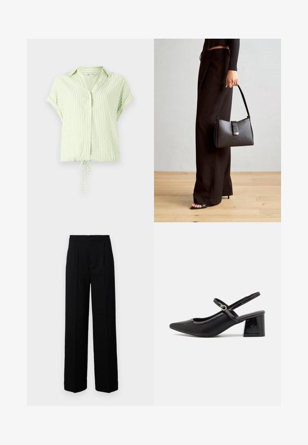 Světle zelená pruhovaná blůza s krátkým rukávem, knoflíkovým zapínáním vpředu a stahovací spodní částí. Hladká látka s volným střihem.; Černé široké kalhoty s hladkým povrchem, s rovnými předními částmi, sklady a dokonale ušitým pasem. Žádné viditelné kovové prvky nebo vzory.; Černé lakované lodičky s otevřenou patou, špičatou špičkou, zaobleným střihem a blokovým podpatkem. Zdobené akcentem v zlatém tónu.; Černá kabelka se strukturovaným tvarem, hladkým povrchem a kovovým uzávěrem. Kombinována s širokými černými kalhotami a sandály s otevřenou špičkou na dřevěné podlaze.