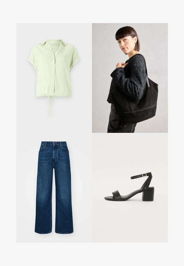 Light green striped short-sleeve blouse with a button-down front and a drawstring hem. Smooth fabric with a relaxed fit.; High-waisted, wide-leg jeans in dark blue denim with a smooth texture, contrast stitching, and five-pocket design. Front button closure.; Black heeled sandal featuring a smooth leather upper, an open toe, wide front straps, and adjustable ankle strap with a gold buckle detail.; Black suede tote bag with a smooth texture, structured shape, and contrasting stitching. Features long straps for shoulder carry.