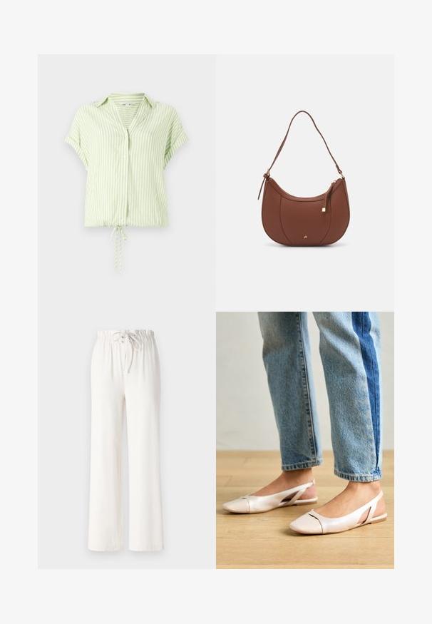 Blusa de manga corta a rayas verde claro con una parte delantera abotonada y un dobladillo con cordón. Tela suave con un corte relajado.; Pantalones de pierna ancha blancos, hechos de un tejido suave, con cintura ajustable y textura lisa. Sin patrones ni adornos visibles.; Bailarinas de color rosa pálido con tiras traseras y punta puntiaguda, fabricadas con un material similar al cuero suave. Presentan detalles recortados en los laterales y un tacón plano.; Bolso de hombro de imitación cuero marrón con forma curva, costura mínima y un acento de hardware en tono dorado. Presenta un cierre de cremallera en la parte superior y una correa ajustable.