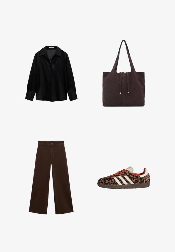 Zwarte, lange mouwen shirt gemaakt van glad materiaal met een brede kraag. Heeft een knooploze sluiting en een ontspannen pasvorm.; Bruine wijde broek in katoenmix, met een rafelige zoom, sluiting met een knoop aan de voorkant en een klassieke vijf-pocketstijl. Minimalistisch en veelzijdig.; Leopardprint sneakers van suède met rode veters en drie witte strepen aan de zijkant. Bevat een crèmekleurige tong en een bruine zool.; Mango Shopper - dark brown
