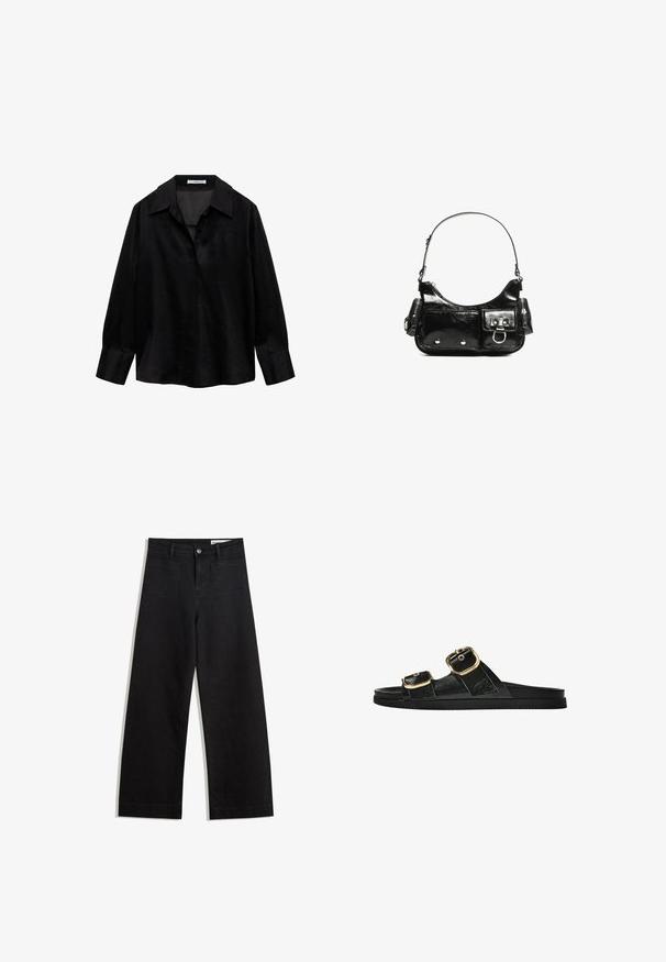 Črna, dolgimi rokavi srajca iz gladkega materiala z širokim ovratnikom. Ima pašček brez gumbov in ohlapen kroj.; Črne široke denim hlače z visokim pasom, ki imajo sprednje in zadnje žepe, šivane šive ter gumbasto zapiranje. Gladka tekstura.; Črne drsne sandale z dvema zlatima zaponkama, gladkega materiala, ravnim podplatom in minimalističnim dizajnom.; Črna lakasta usnjena torbica s ukrivljeno obliko, enim ramenskim trakom, sprednjimi žepi in srebrnimi kovinskimi dodatki.