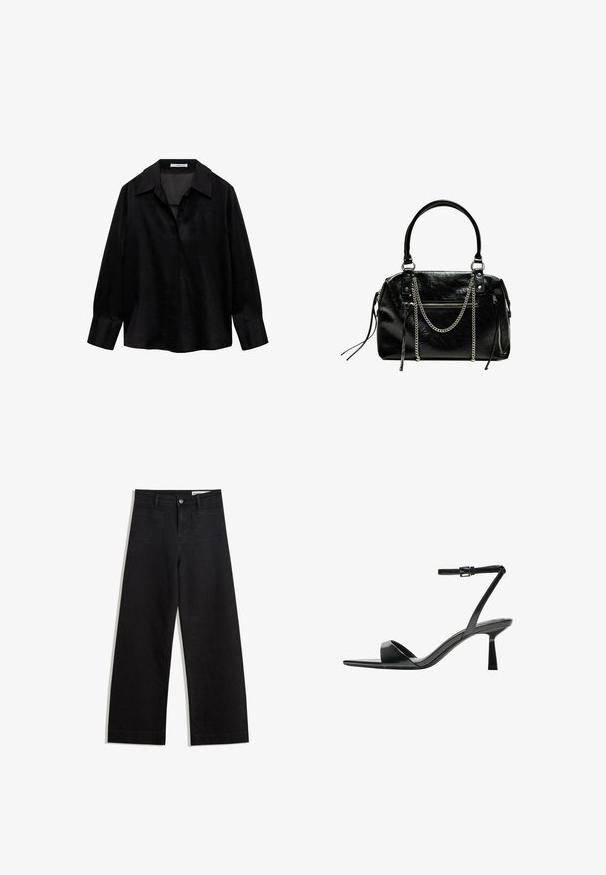 Mustat pitkät hihat -paita, joka on valmistettu sileästä materiaalista ja jossa on leveä kaulus. Samanlaisia napittomia halkioita ja rento istuvuus.; Mustat leveät farkut korkealla vyötäröllä, joissa on etu- ja takataskut, ommellut saumat ja nappisuljenta. Silkinoinen rakenne.; Bershka Korolliset sandaalit - black; Bershka WITH CHAIN - Käsilaukku - black