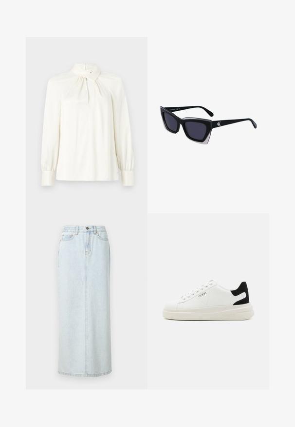 Garās piedurknes blūze ar augstu kaklu krēmkrāsā, izgatavota no gludas auduma. Iezīmēta ar savelkamu detaļu ap kaklu un pūkainām piedurknēm.; Gaiši zilas džinsa maxi svārki ar taisnu dizainu, ar priekšējo pogu aizdari un redzamām šuvēm. Iekļauj divus priekšējos kabatas.; Baltas ādas sporta apavi ar biezu balto zoli, melna zamša uzpura un izspiestais logotips sānos. Šņorējuma dizains ar sešiem acu caurumiem.; Melni pārmēru saulesbrilles ar ģeometrisku formu, kas aprīkotas ar tumšiem stikliem un kontrastējošu pelēku akcentu uz rāmja. Logo uz kājas.